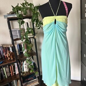 Vintage 2000s B. Moss Lime Green and Aqua Midi Dress